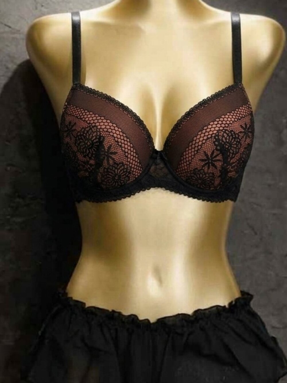 Boutique Black Lace & Rose Pink Underwire Push Up Bra - 36B